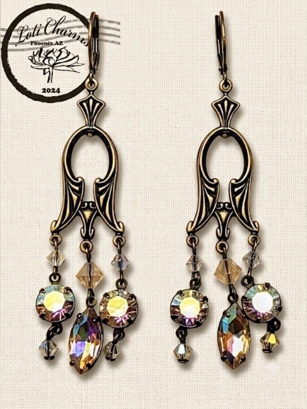 Stunning Victorian Chandelier Swarovski Crystal AB In Brass Earrings